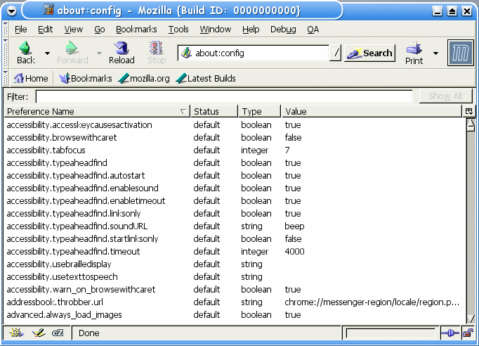 Mozilla's about:config screen