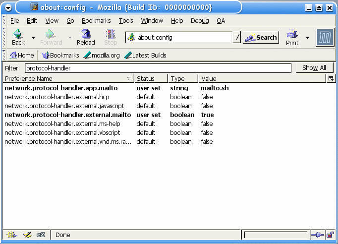 Mozilla's about:config screen, with the new prefs