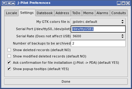 JPilot preferences